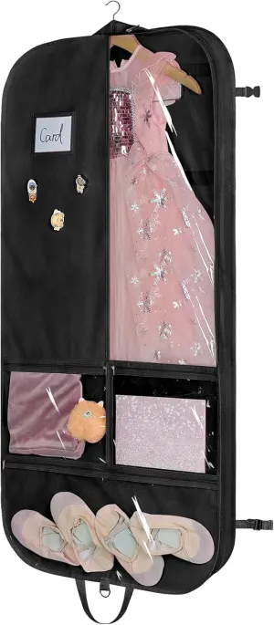 Univivi Costume Garment Bags for Dancers, 50 Inch Dance Competition Costume Bag, 3 Medium Clear Zipper Pockets and 2 Back Zippered Pockets with 1 xPendant, 3 x Badge - Black