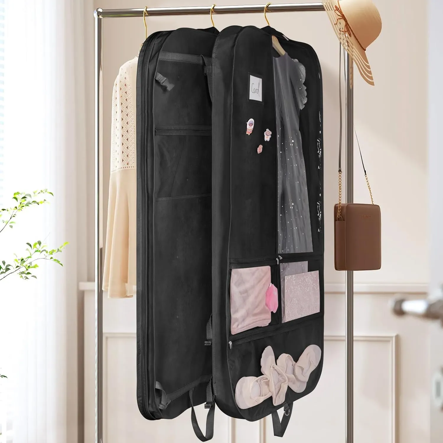Univivi Costume Garment Bags for Dancers, 50 Inch Dance Competition Costume Bag, 3 Medium Clear Zipper Pockets and 2 Back Zippered Pockets with 1 xPendant, 3 x Badge - Black