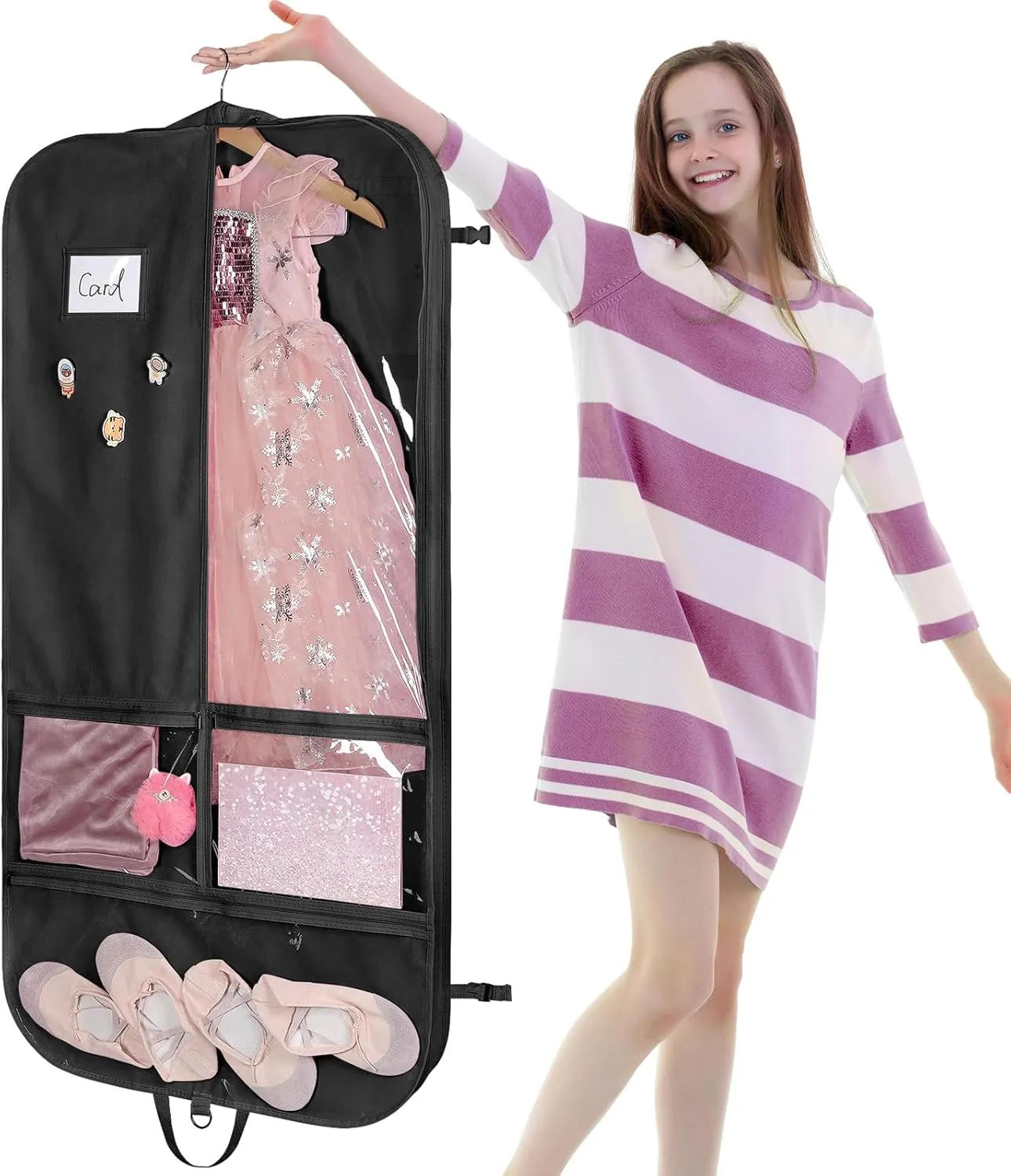 Univivi Costume Garment Bags for Dancers, 50 Inch Dance Competition Costume Bag, 3 Medium Clear Zipper Pockets and 2 Back Zippered Pockets with 1 xPendant, 3 x Badge - Black