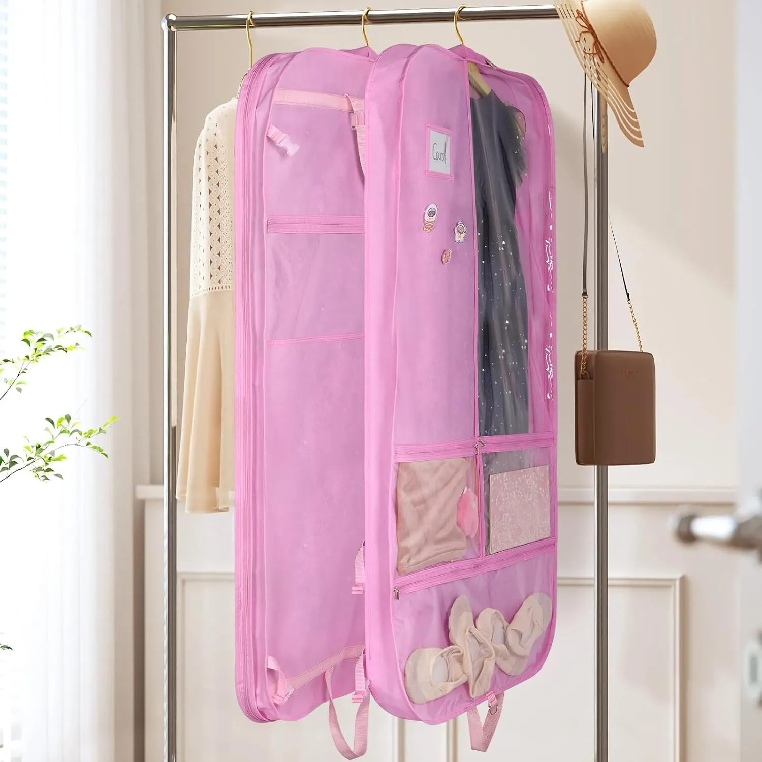 Univivi Costume Garment Bags for Dancers, 50 Inch Dance Competition Costume Bag, 3 Medium Clear Zipper Pockets and 2 Back Zippered Pockets with 1 xPendant, 3 x Badge - Pink