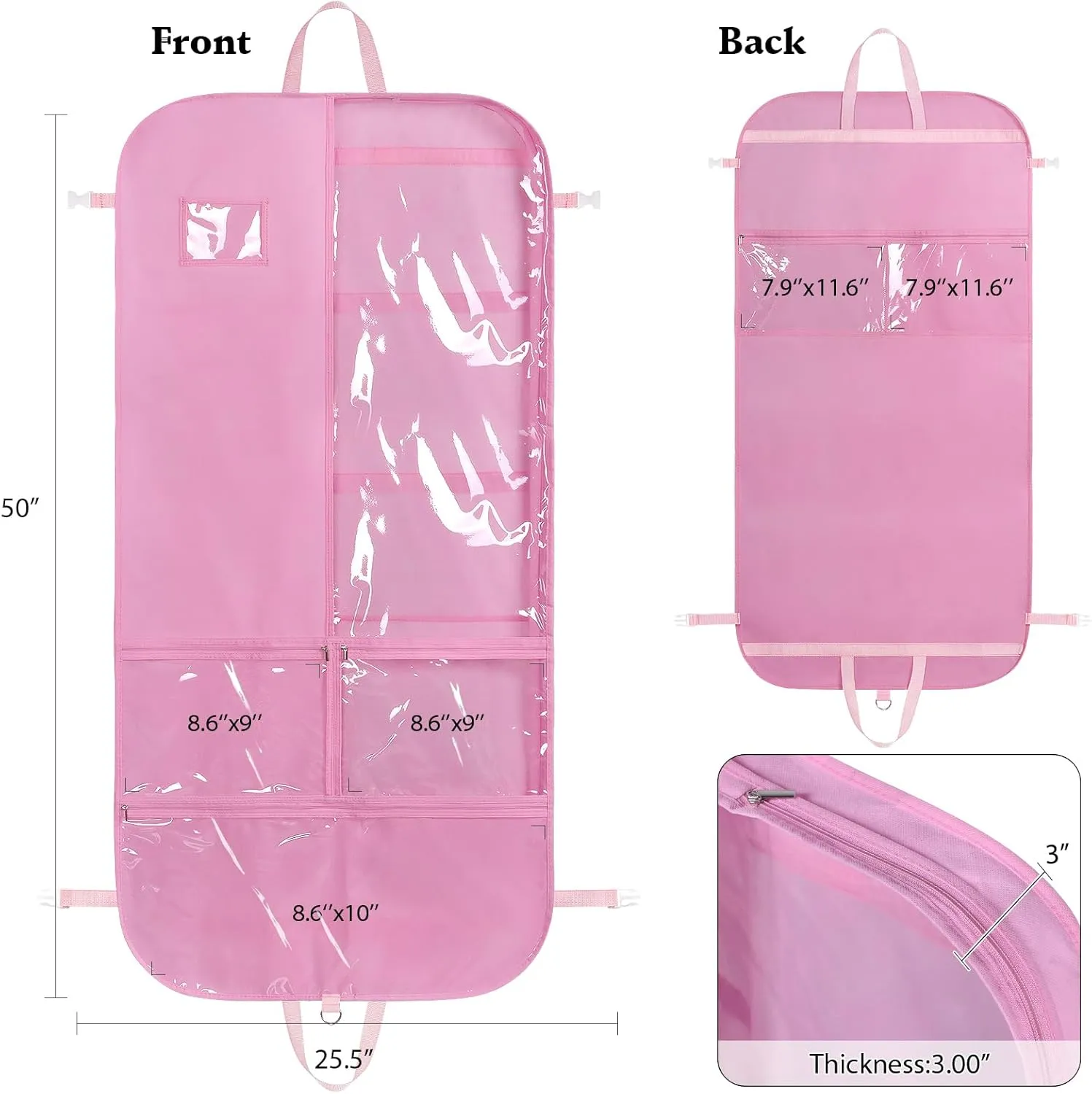 Univivi Costume Garment Bags for Dancers, 50 Inch Dance Competition Costume Bag, 3 Medium Clear Zipper Pockets and 2 Back Zippered Pockets with 1 xPendant, 3 x Badge - Pink