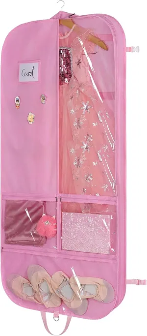 Univivi Costume Garment Bags for Dancers, 50 Inch Dance Competition Costume Bag, 3 Medium Clear Zipper Pockets and 2 Back Zippered Pockets with 1 xPendant, 3 x Badge - Pink