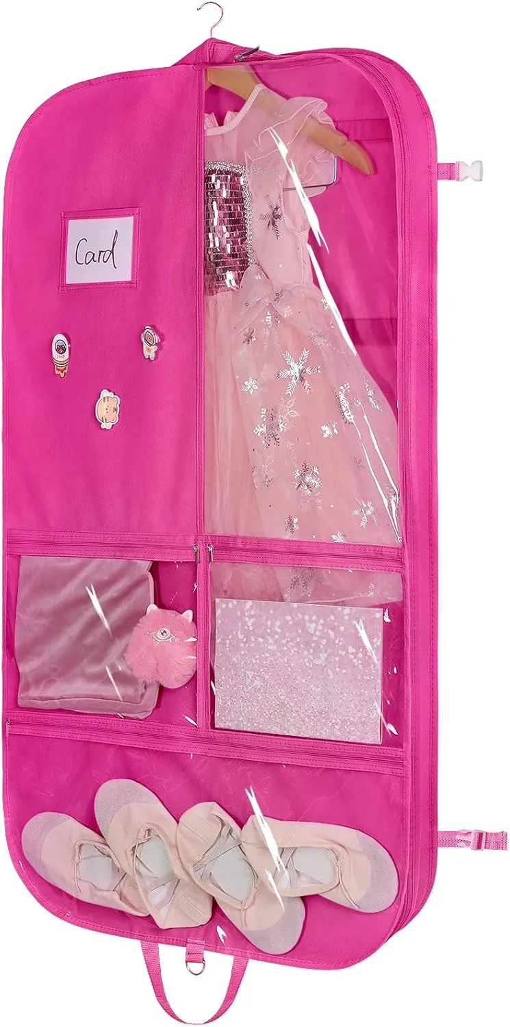 Univivi Dance Costume Bags Garment Bag 40 Inch for Dance Competitions, 3 Medium Clear Zipper Pockets and 2 Back Zippered Pocket, with 1 xPendant, 3 x Badge (Rose Red)