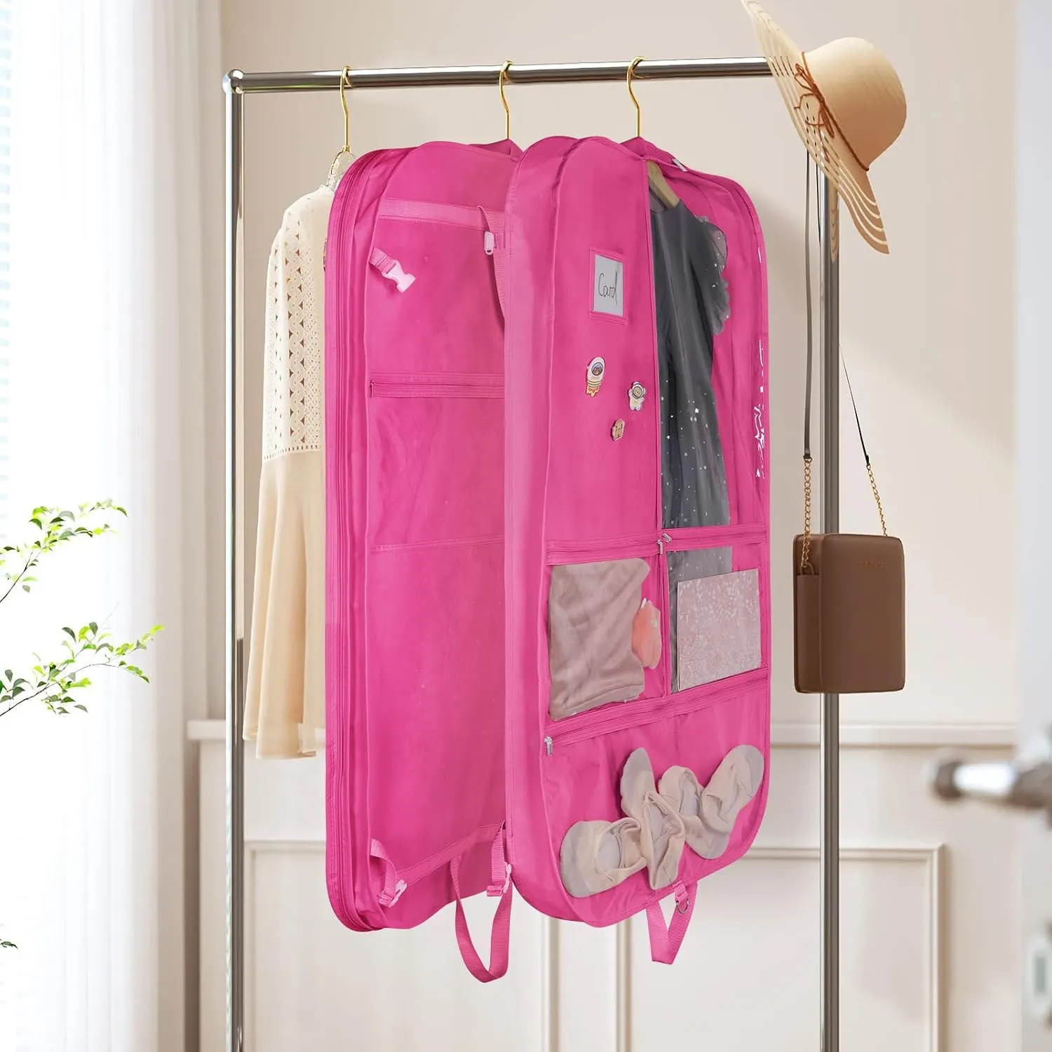 Univivi Dance Costume Bags Garment Bag 40 Inch for Dance Competitions, 3 Medium Clear Zipper Pockets and 2 Back Zippered Pocket, with 1 xPendant, 3 x Badge (Rose Red)