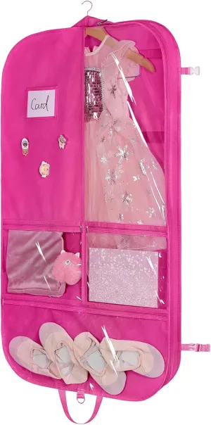 Univivi Dance Costume Bags Garment Bag 40 Inch for Dance Competitions, 3 Medium Clear Zipper Pockets and 2 Back Zippered Pocket, with 1 xPendant, 3 x Badge (Rose Red)