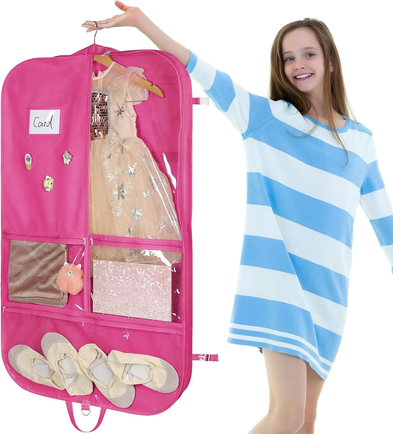 Univivi Dance Costume Bags Garment Bag 40 Inch for Dance Competitions, 3 Medium Clear Zipper Pockets and 2 Back Zippered Pocket, with 1 xPendant, 3 x Badge (Rose Red)
