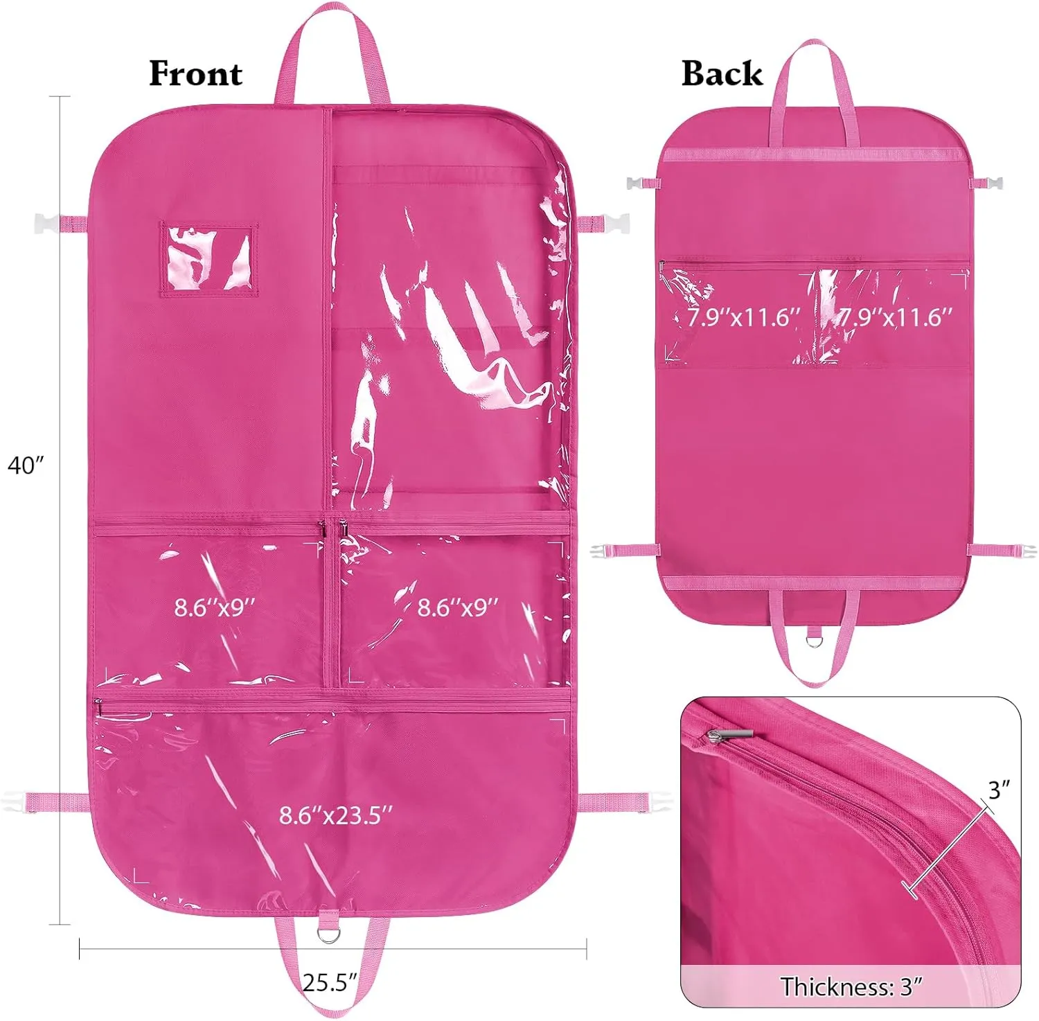 Univivi Dance Costume Bags Garment Bag 40 Inch for Dance Competitions, 3 Medium Clear Zipper Pockets and 2 Back Zippered Pocket, with 1 xPendant, 3 x Badge (Rose Red)