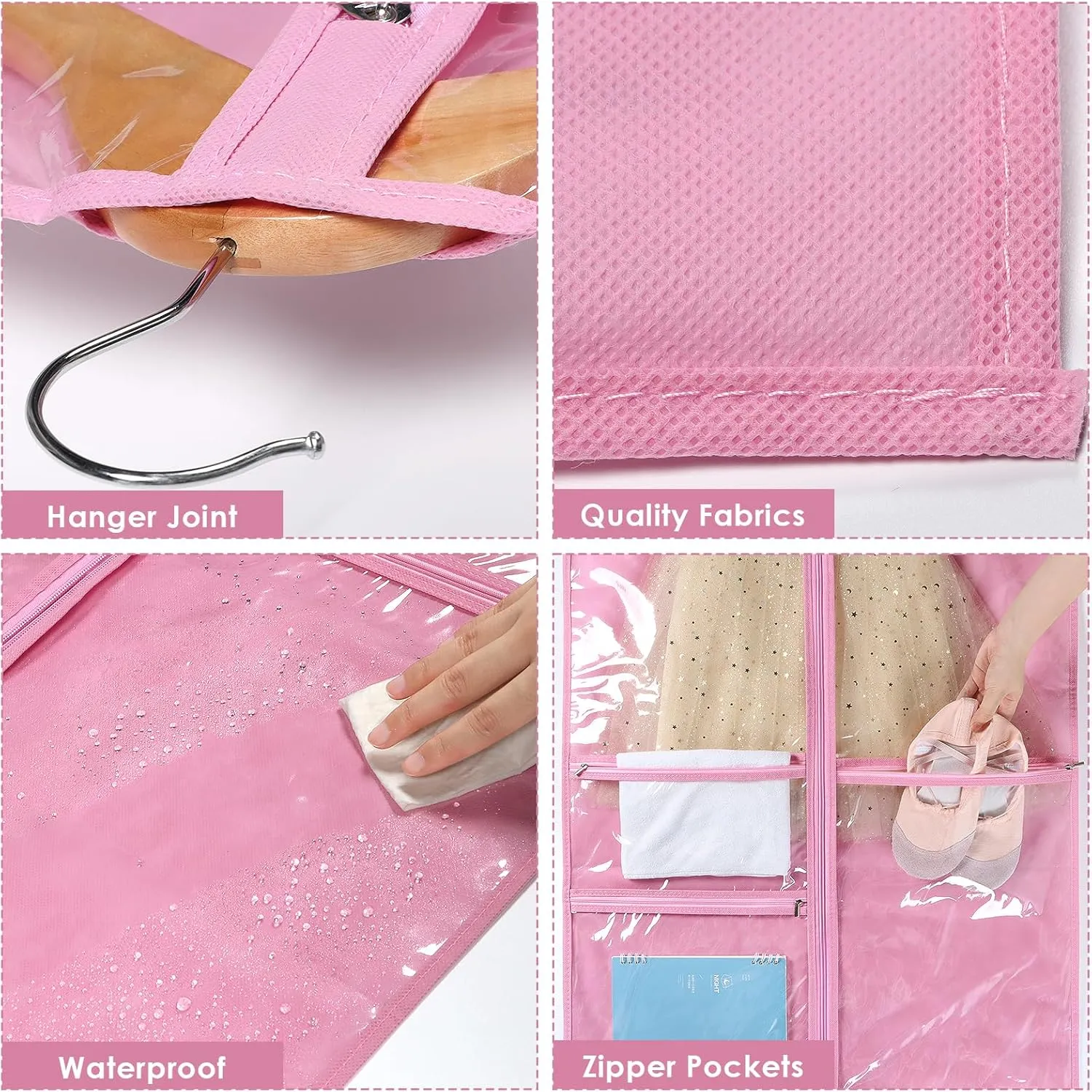 Univivi Dance Costume Bags Garment Bag 40 Inch Hanging Clothes for Dance Competitions, with 3 Medium Clear Zipper Pockets for Dance Costumes, Closet Storage (Pink) - 4 Pack