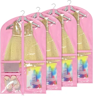 Univivi Dance Costume Bags Garment Bag 40 Inch Hanging Clothes for Dance Competitions, with 3 Medium Clear Zipper Pockets for Dance Costumes, Closet Storage (Pink) - 4 Pack