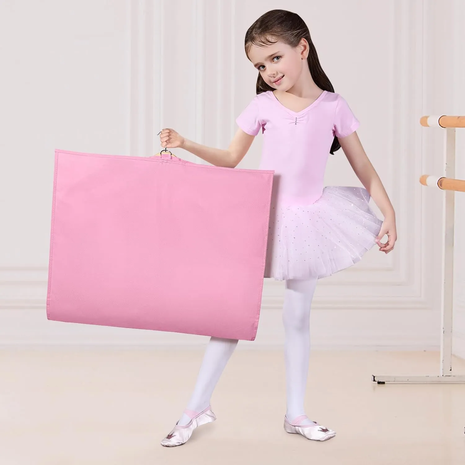 Univivi Dance Costume Bags Garment Bag 40 Inch Hanging Clothes for Dance Competitions, with 3 Medium Clear Zipper Pockets for Dance Costumes, Closet Storage (Pink) - 4 Pack