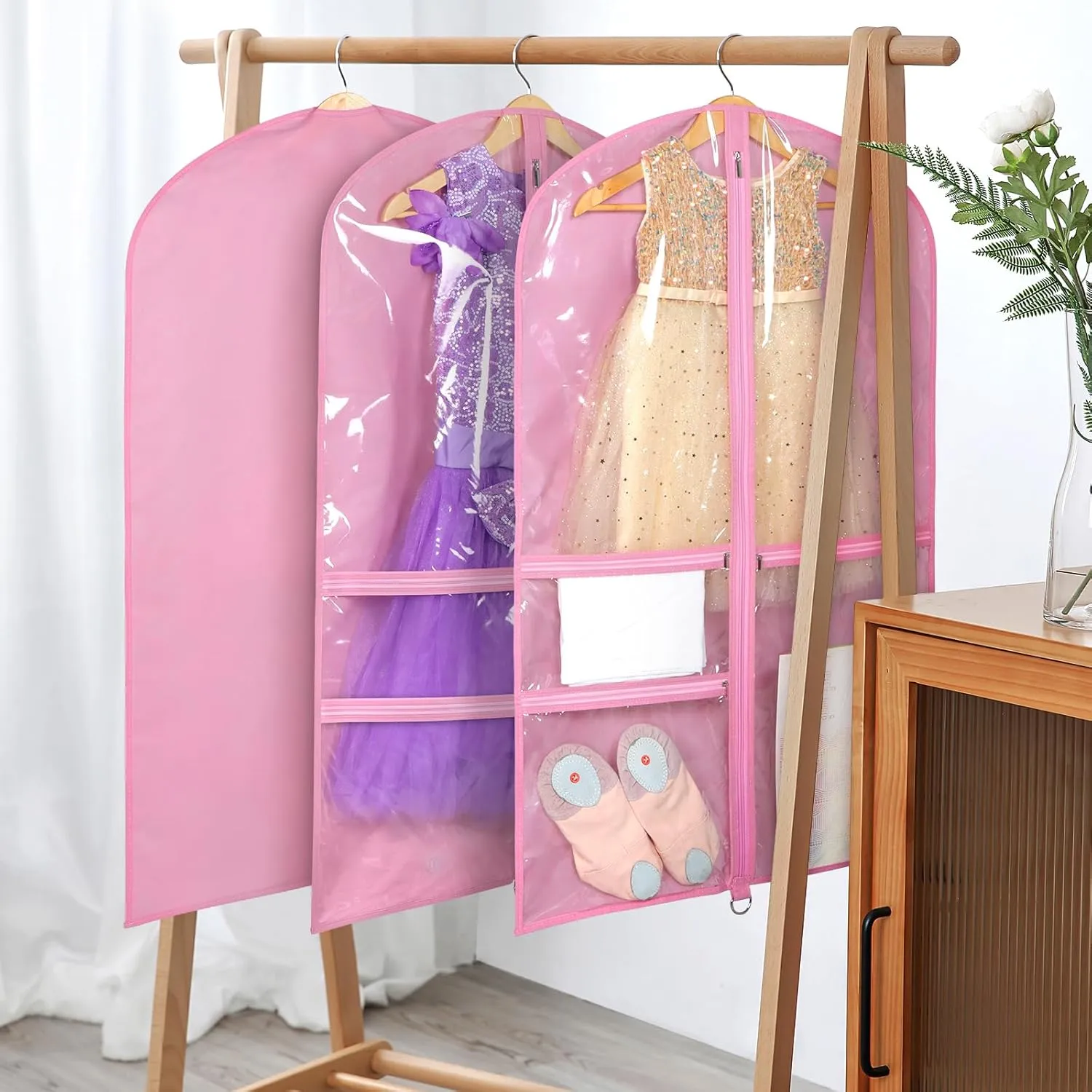 Univivi Dance Costume Bags Garment Bag 40 Inch Hanging Clothes for Dance Competitions, with 3 Medium Clear Zipper Pockets for Dance Costumes, Closet Storage (Pink) - 4 Pack