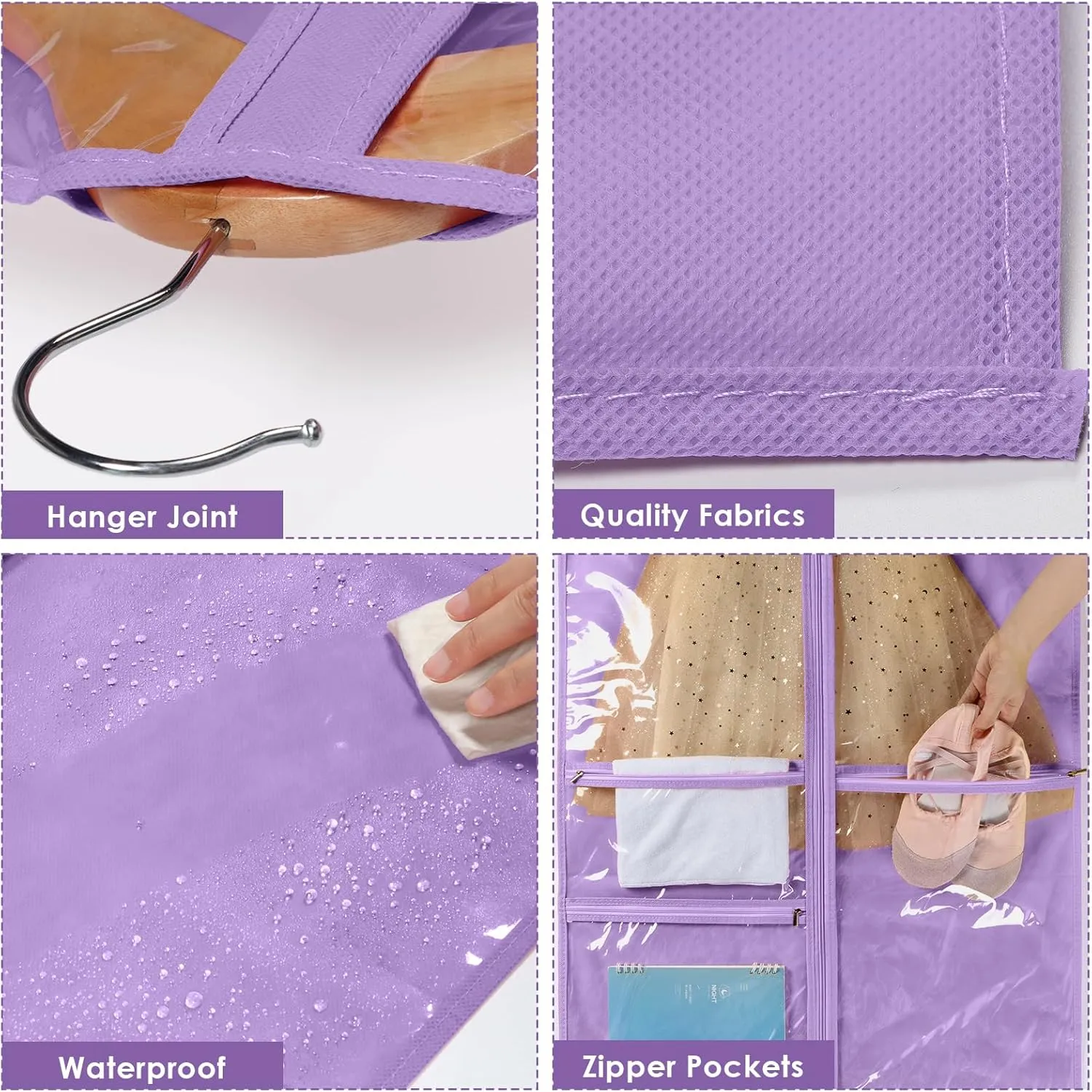 Univivi Dance Costume Bags Garment Bag 40 Inch Hanging Clothes for Dance Competitions, with 3 Medium Clear Zipper Pockets for Dance Costumes, Closet Storage (Purple, 2 Pack)