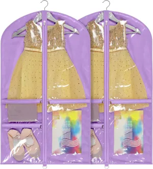 Univivi Dance Costume Bags Garment Bag 40 Inch Hanging Clothes for Dance Competitions, with 3 Medium Clear Zipper Pockets for Dance Costumes, Closet Storage (Purple, 2 Pack)