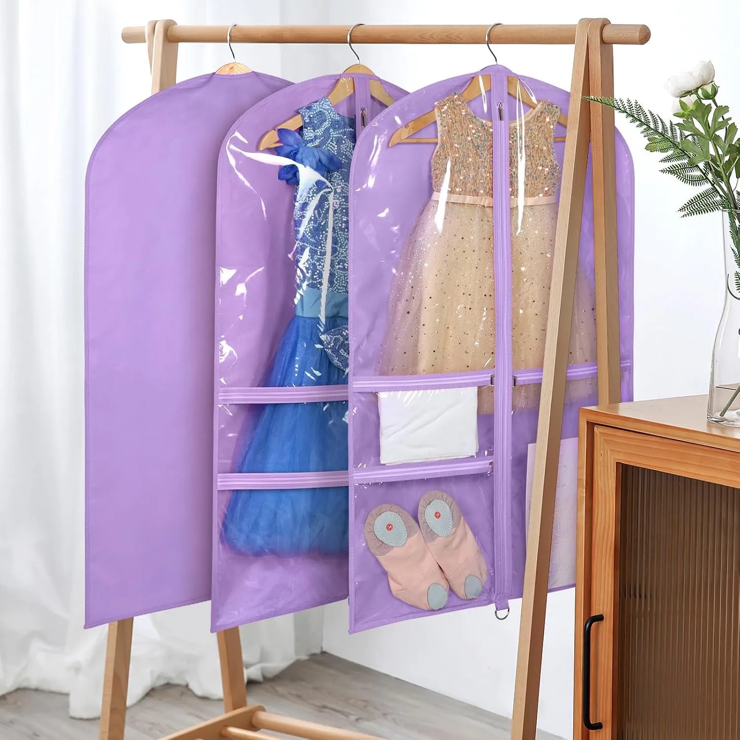 Univivi Dance Costume Bags Garment Bag 40 Inch Hanging Clothes for Dance Competitions, with 3 Medium Clear Zipper Pockets for Dance Costumes, Closet Storage (Purple, 2 Pack)