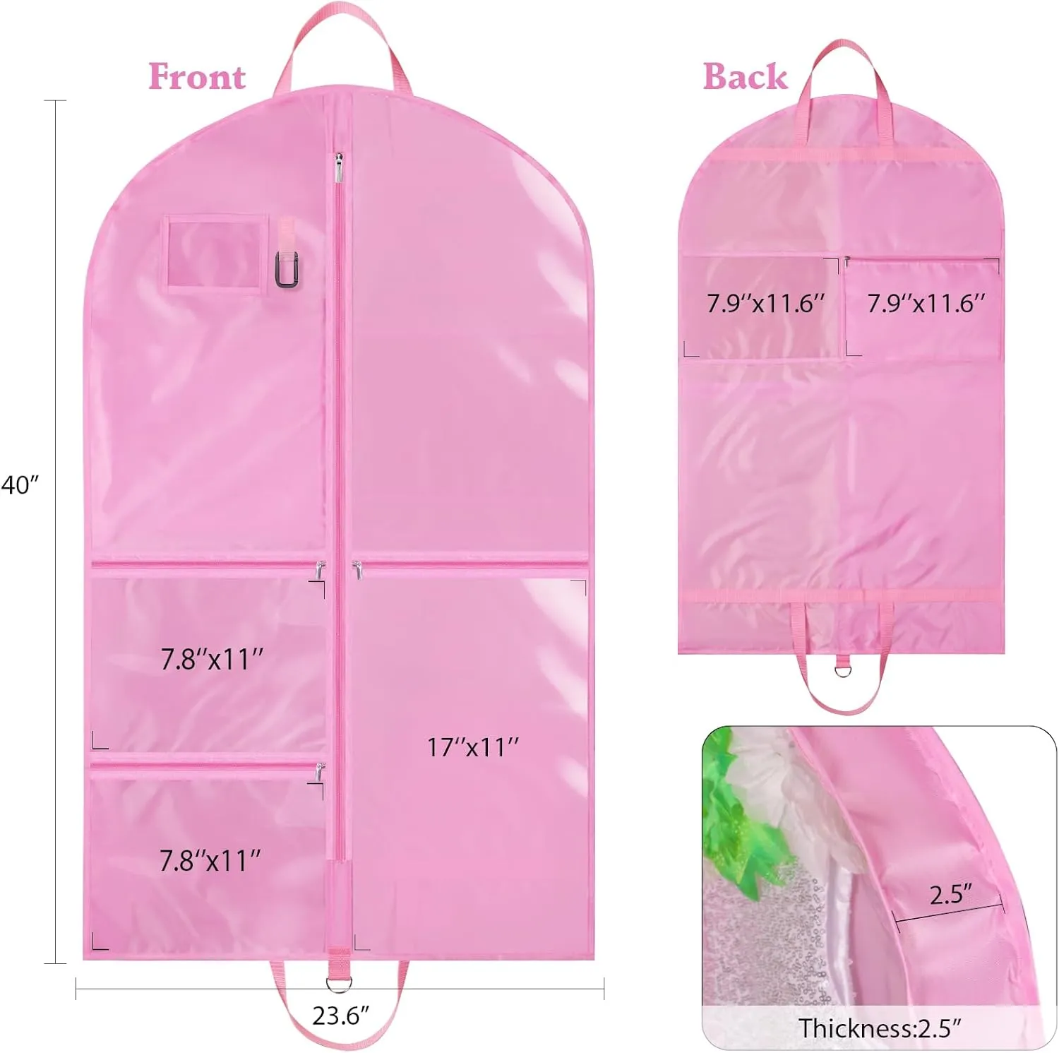 Univivi Dance Costume Garment Bag, 40" Waterproof Hanging Bag for Travel, Kids Clothes Bag With 5 Clear Pockets and Handles for Costumes and Sports, Pink