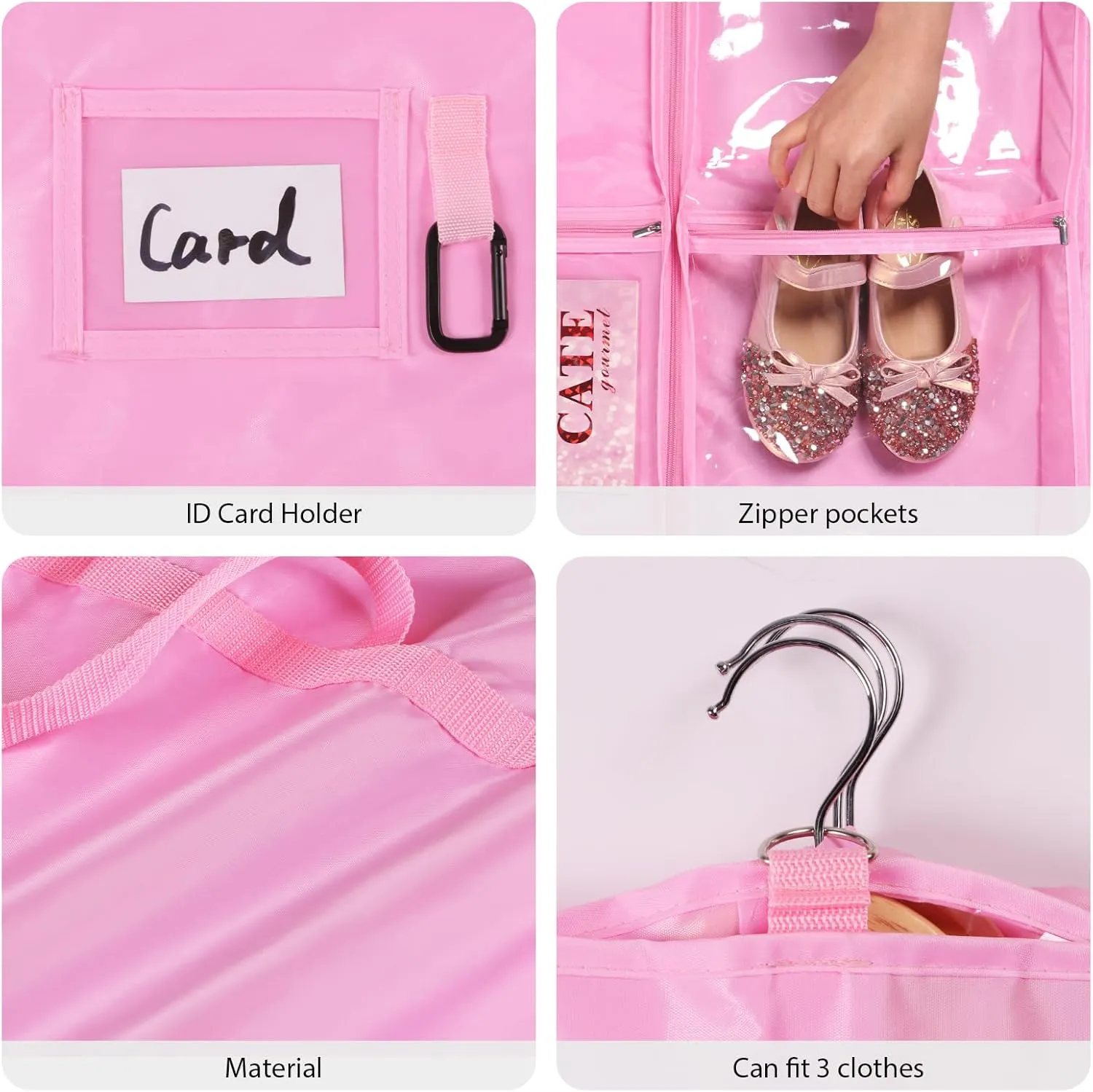 Univivi Dance Costume Garment Bag, 40" Waterproof Hanging Bag for Travel, Kids Clothes Bag With 5 Clear Pockets and Handles for Costumes and Sports, Pink