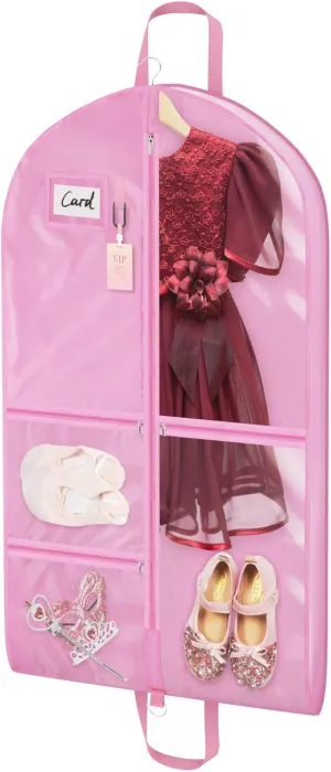 Univivi Dance Costume Garment Bag, 40" Waterproof Hanging Bag for Travel, Kids Clothes Bag With 5 Clear Pockets and Handles for Costumes and Sports, Pink