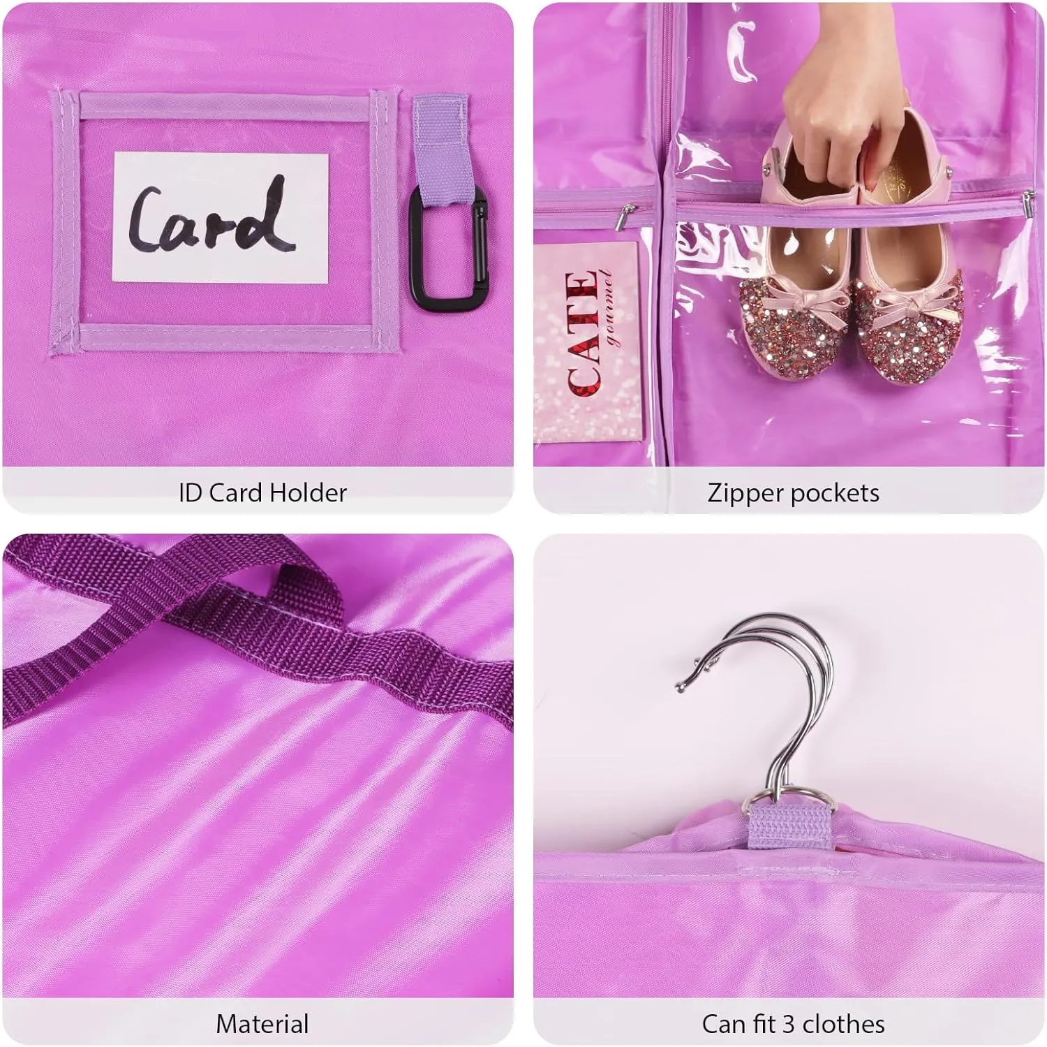 Univivi Dance Costume Garment Bag, 40" Waterproof Hanging Bag for Travel, Kids Clothes Bag With 5 Clear Pockets and Handles for Costumes and Sports, Purple