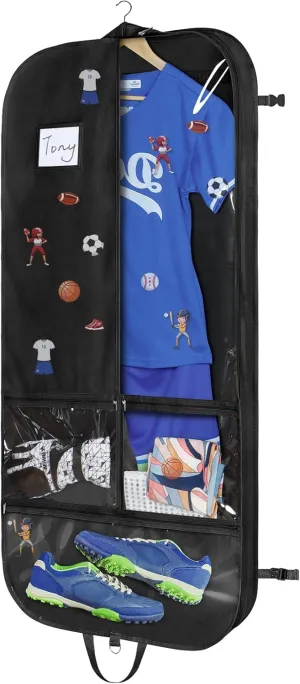 Univivi Dance Costume Garment Bag for Hanging Clothes, 50 Inch Dance Competition Cover Bag With 3 Clear Zipper Pockets with 2 x Sport Stickers, Ideal for Dance Costumes and Sports - Black