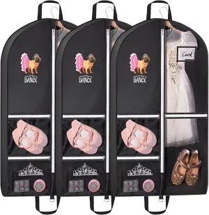 Univivi Dance Garment Bags for Dancers, 3" Gusseted Garment Bags for Dance Costumes with 5 Pockets, 40" Dance Garment Bag with Puppy Pattern for Dance Competitions and Travel, 3-Pack (Black)