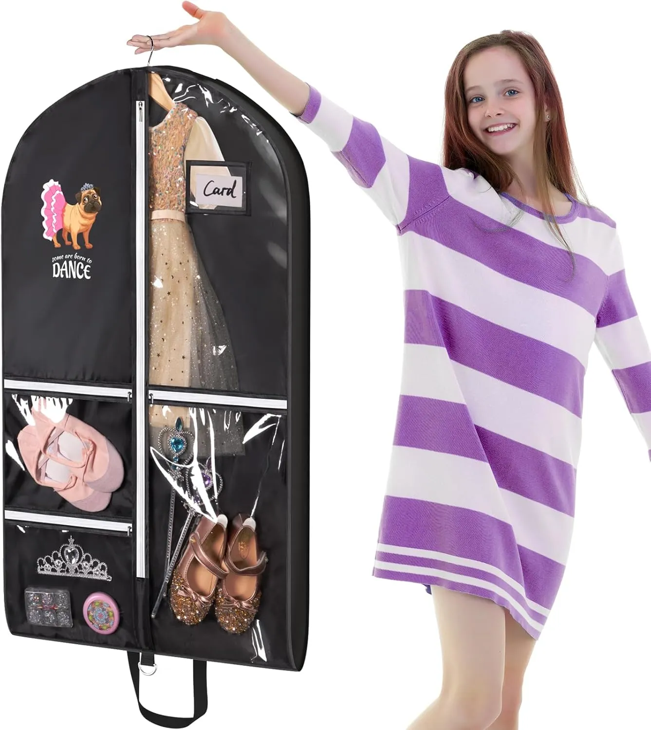 Univivi Dance Garment Bags for Dancers, 3" Gusseted Garment Bags for Dance Costumes with 5 Pockets, 40" Dance Garment Bag with Puppy Pattern for Dance Competitions and Travel, 3-Pack (Black)