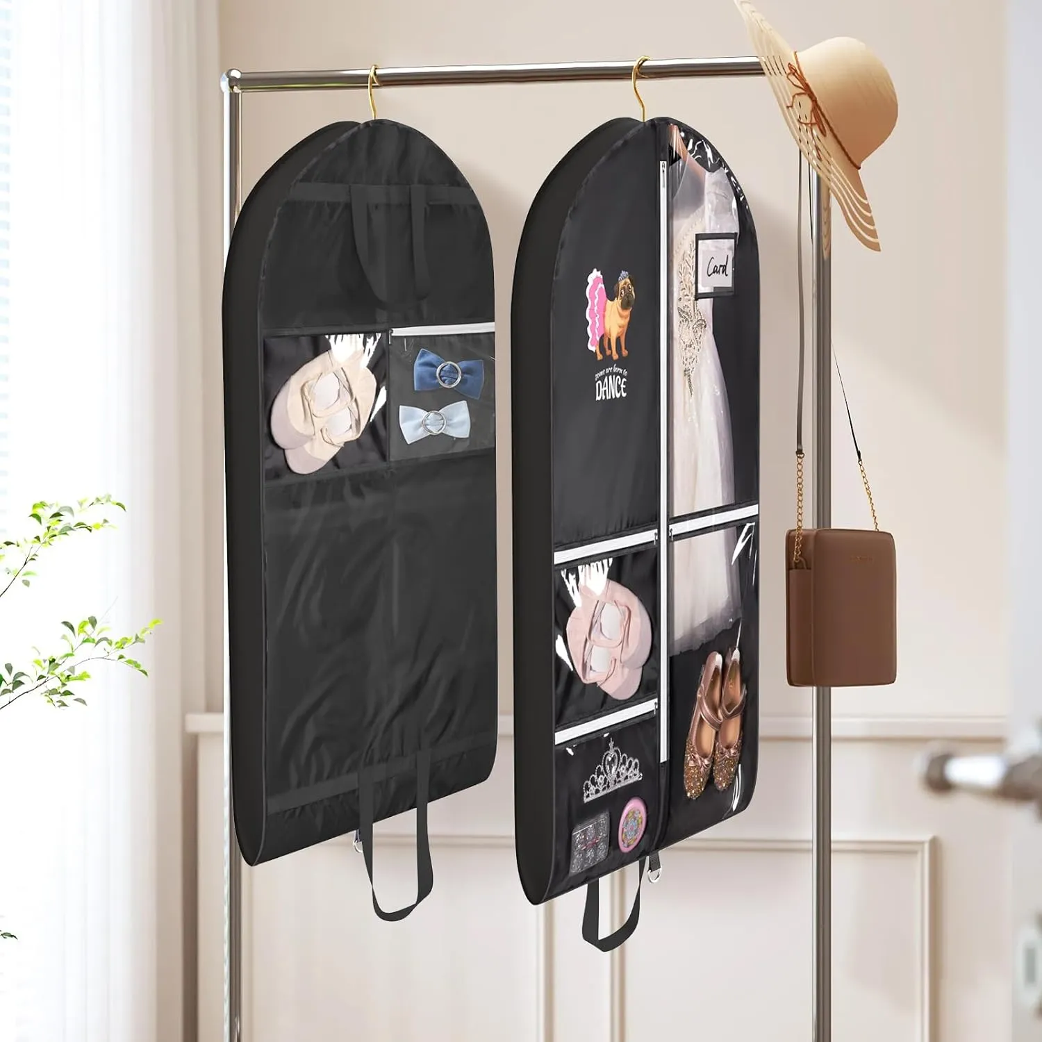 Univivi Dance Garment Bags for Dancers, 3" Gusseted Garment Bags for Dance Costumes with 5 Pockets, 40" Dance Garment Bag with Puppy Pattern for Dance Competitions and Travel, 3-Pack (Black)
