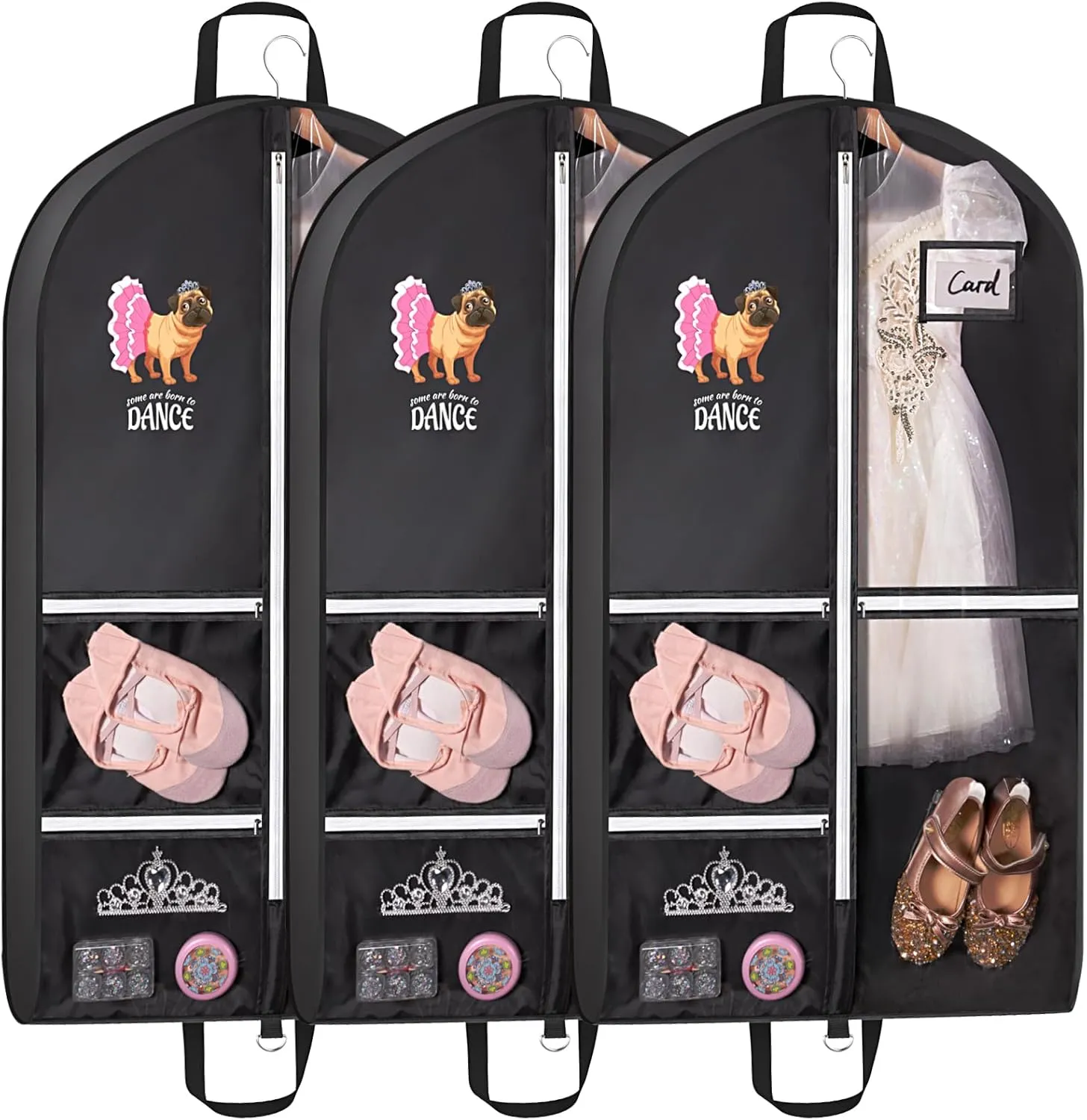 Univivi Dance Garment Bags for Dancers, 3" Gusseted Garment Bags for Dance Costumes with 5 Pockets, 40" Dance Garment Bag with Puppy Pattern for Dance Competitions and Travel, 3-Pack (Black)