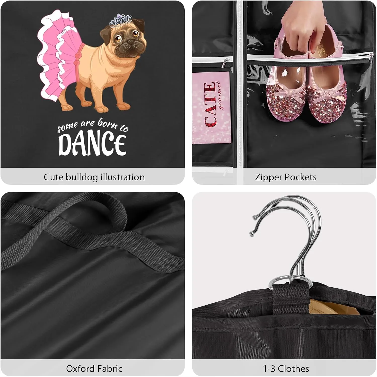 Univivi Dance Garment Bags for Dancers, 3" Gusseted Garment Bags for Dance Costumes with 5 Pockets, 40" Dance Garment Bag with Puppy Pattern for Dance Competitions and Travel, 3-Pack (Black)