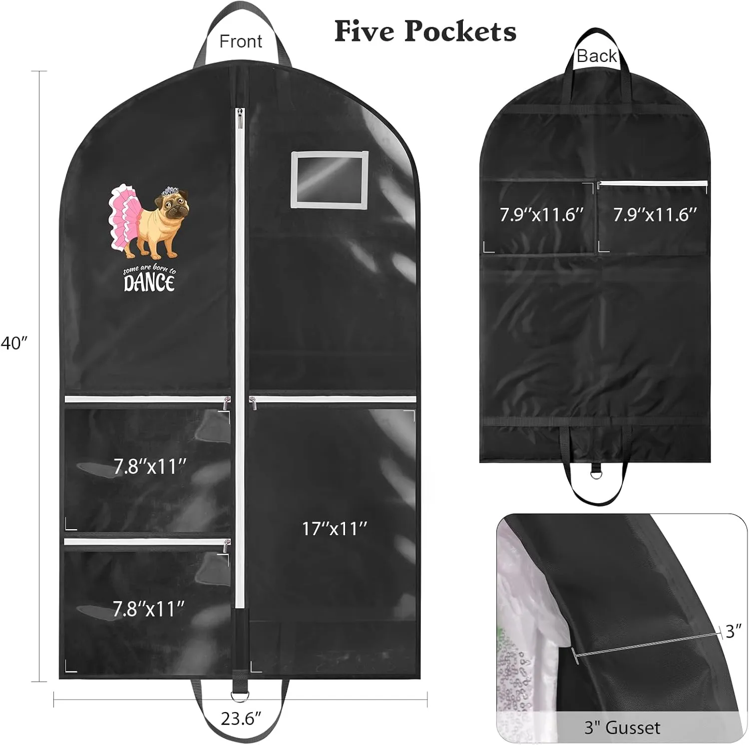 Univivi Dance Garment Bags for Dancers, 3" Gusseted Garment Bags for Dance Costumes with 5 Pockets, 40" Dance Garment Bag with Puppy Pattern for Dance Competitions and Travel, 3-Pack (Black)