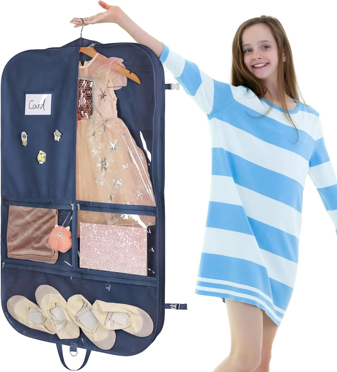 Univivi Garment Bags for Dance Costumes 40 Inch Dance Costume Garment Bag for Girls, 3 Medium Clear Zipper Pockets and 2 Back Zippered Pocket, with 1 xPendant, 3 x Badge (Navy Blue)