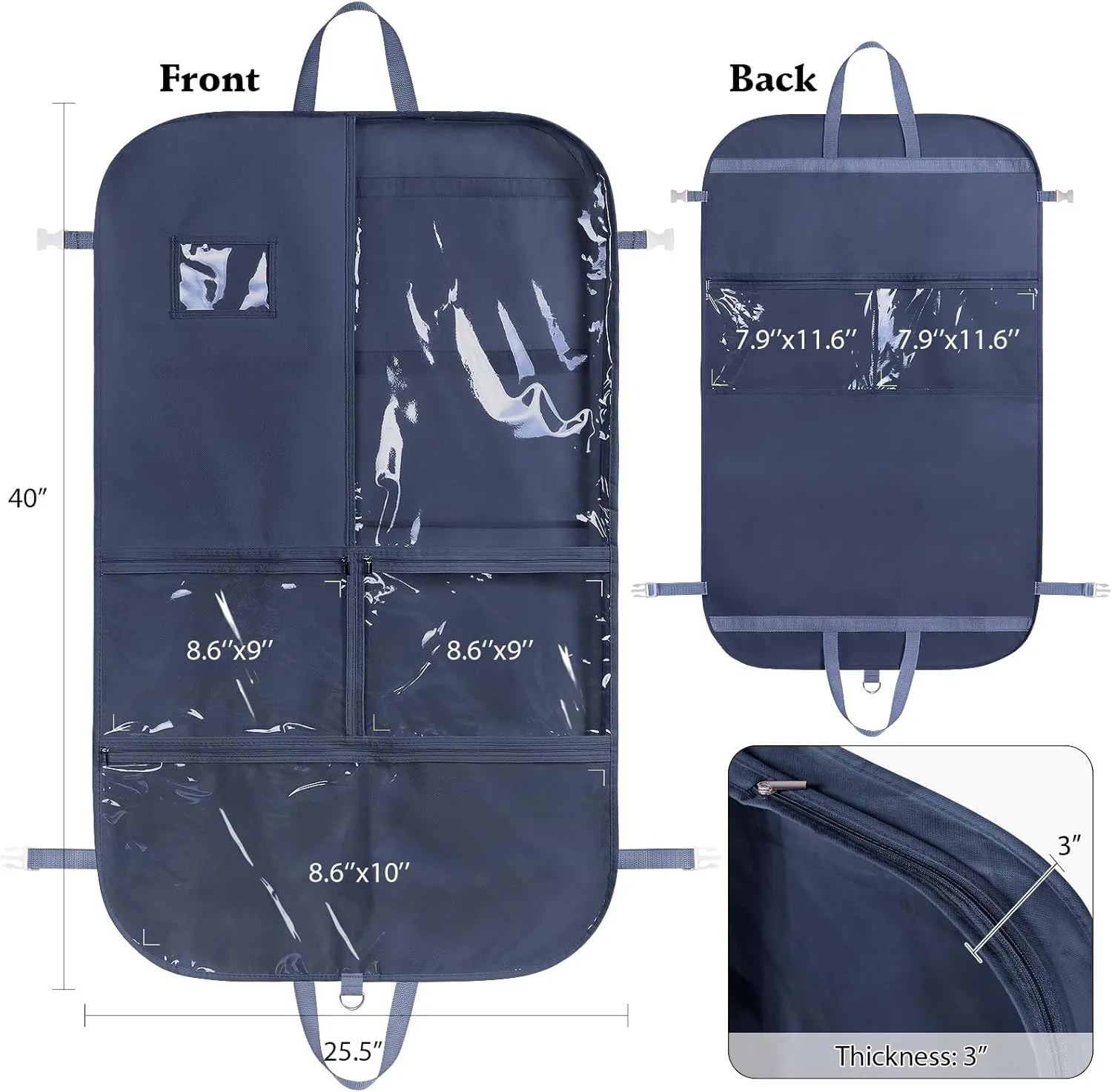 Univivi Garment Bags for Dance Costumes 40 Inch Dance Costume Garment Bag for Girls, 3 Medium Clear Zipper Pockets and 2 Back Zippered Pocket, with 1 xPendant, 3 x Badge (Navy Blue)