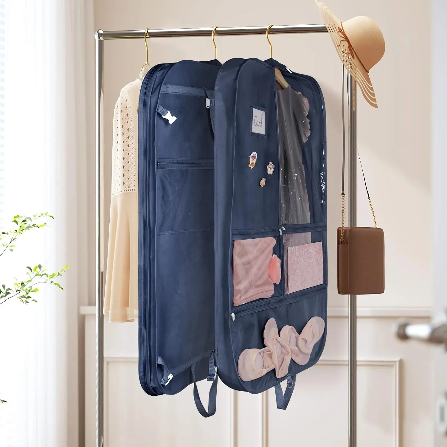 Univivi Garment Bags for Dance Costumes 40 Inch Dance Costume Garment Bag for Girls, 3 Medium Clear Zipper Pockets and 2 Back Zippered Pocket, with 1 xPendant, 3 x Badge (Navy Blue)