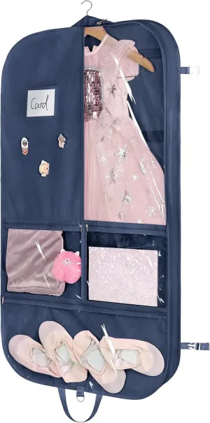 Univivi Garment Bags for Dance Costumes 40 Inch Dance Costume Garment Bag for Girls, 3 Medium Clear Zipper Pockets and 2 Back Zippered Pocket, with 1 xPendant, 3 x Badge (Navy Blue)