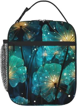Unreal Flower Lunch Bag Insulated Lunch Box for Men Women Portable Lunch tote Bag with Side Bag, Black