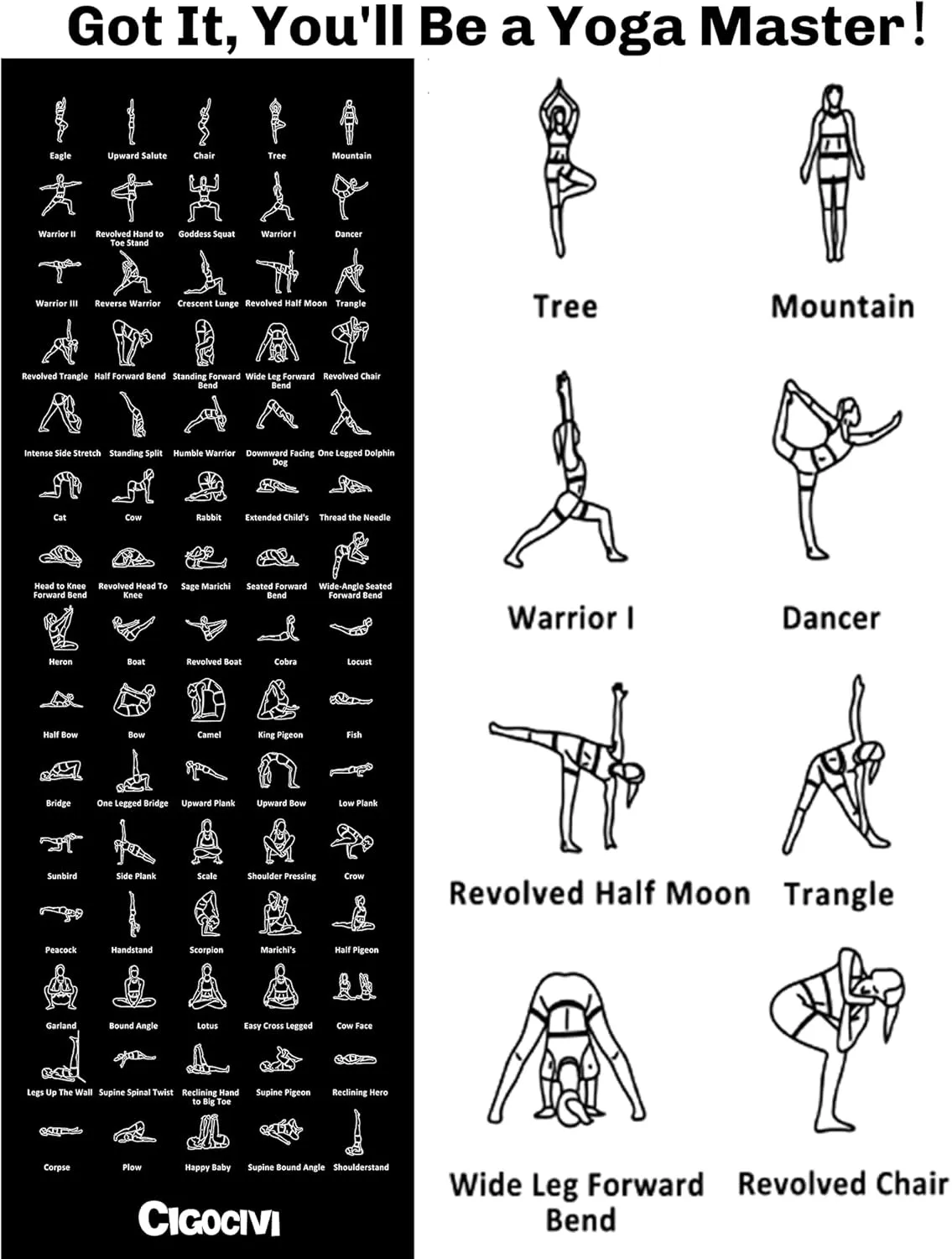 Upgrade New Instructional Yoga Mat with 75 Poses Printed on It for Beginners, 5.7'x2'x0.25", 6mm Travel Yoga Mat with Bag Christmas Gifts for Women and Men, 1/4 Inch Extra Thick Non-Slip