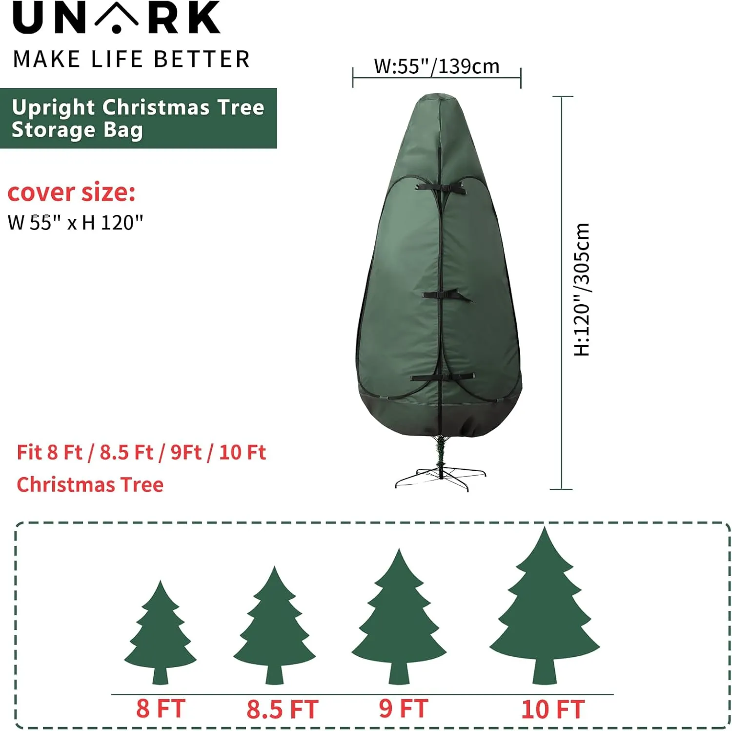 Upright Christmas Tree Storage Bag 9 Foot Tree, 9 ft Christmas Tree Storage Bag, Christmas Tree Cover For Upright Storage Fit 8 Ft / 9 Ft / 10 Ft Christmas Tree Bags Storage 9 ft Green