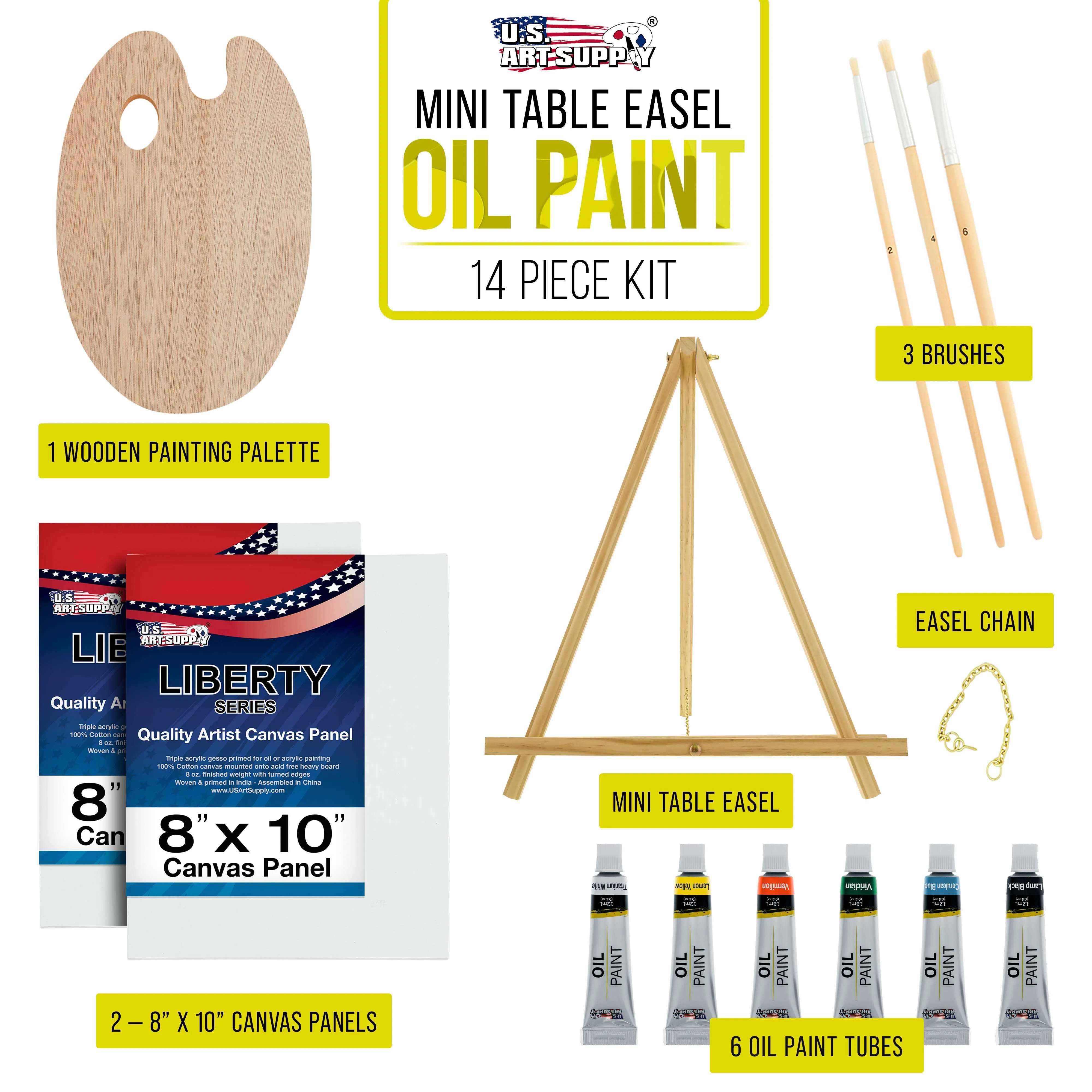 U.S. Art Supply 14-Piece Artist Painting Set with 6 Vivid Oil Paint Colors, 12" Easel, 2 Canvas Panels, 3 Brushes, Wood Painting Palette - Beginners