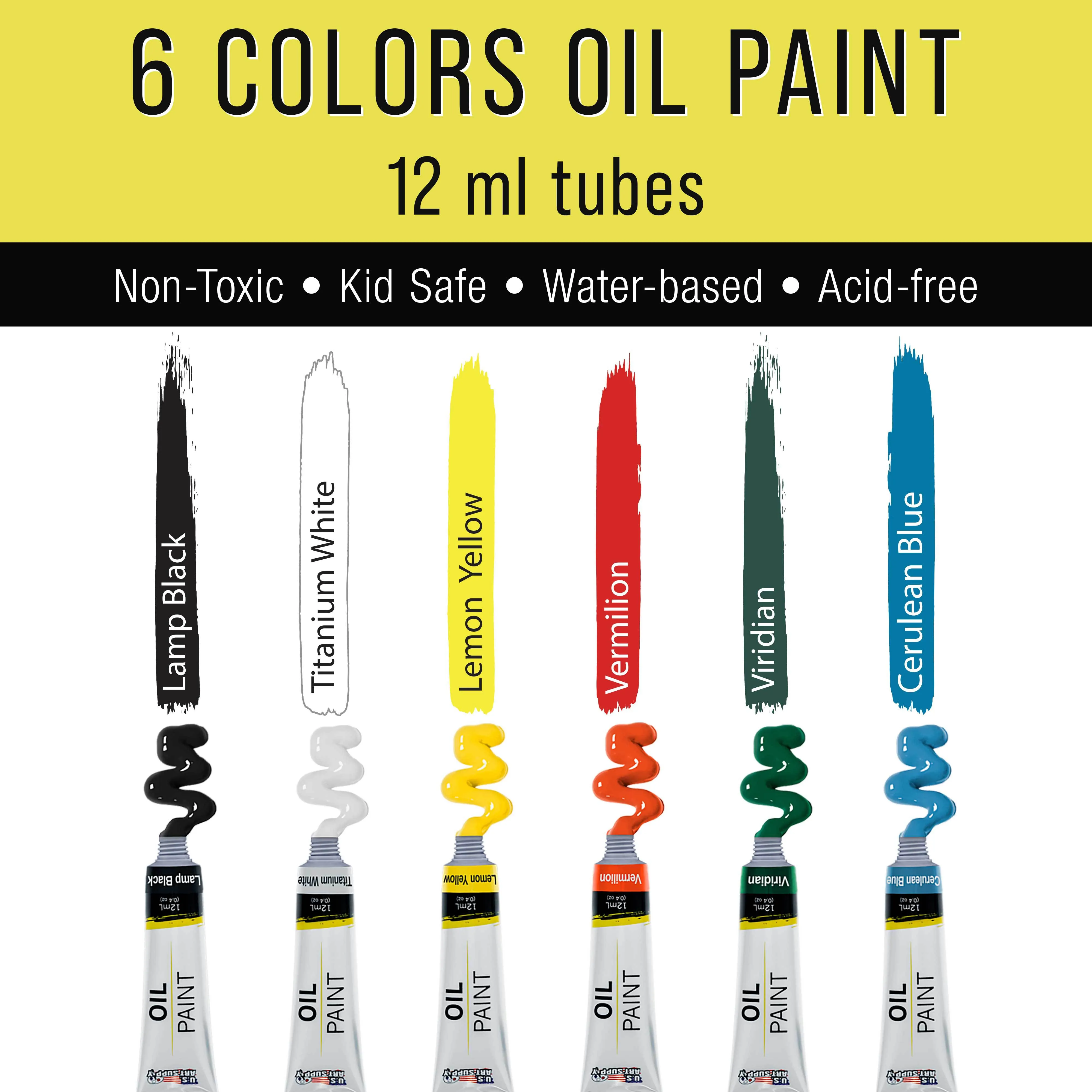 U.S. Art Supply 14-Piece Artist Painting Set with 6 Vivid Oil Paint Colors, 12" Easel, 2 Canvas Panels, 3 Brushes, Wood Painting Palette - Beginners