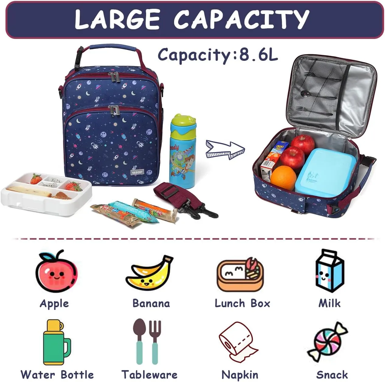 VASCHY Lunch Boxes Bag for Boys, Reusable Lunch Box Containers for Boys and Girls with Detachable Shoulder Strap, Insulated Lunch Coolers for School Cute Astronaut