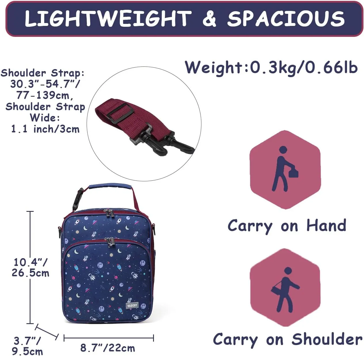 VASCHY Lunch Boxes Bag for Boys, Reusable Lunch Box Containers for Boys and Girls with Detachable Shoulder Strap, Insulated Lunch Coolers for School Cute Astronaut