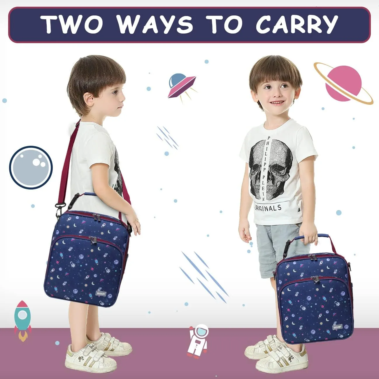 VASCHY Lunch Boxes Bag for Boys, Reusable Lunch Box Containers for Boys and Girls with Detachable Shoulder Strap, Insulated Lunch Coolers for School Cute Astronaut