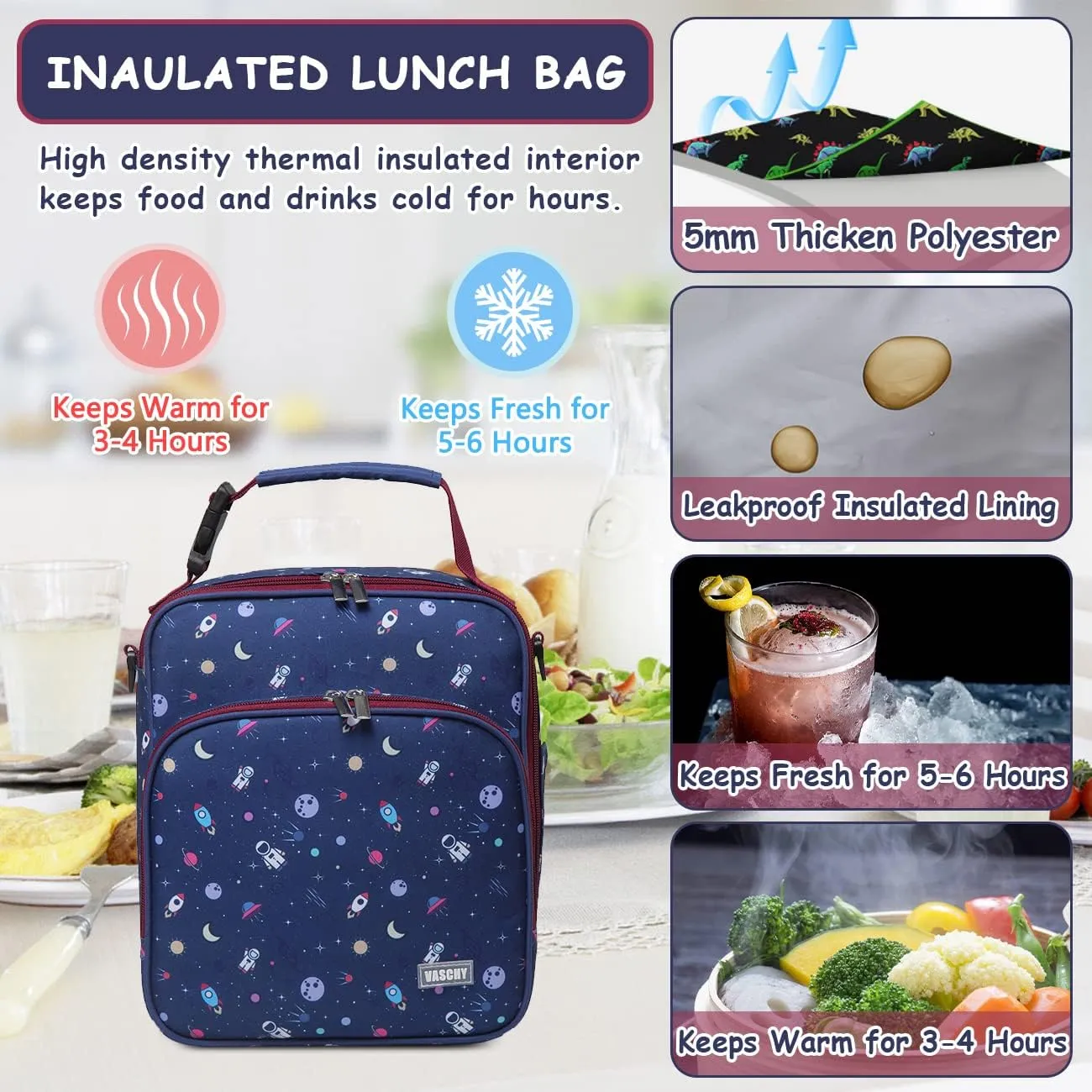VASCHY Lunch Boxes Bag for Boys, Reusable Lunch Box Containers for Boys and Girls with Detachable Shoulder Strap, Insulated Lunch Coolers for School Cute Astronaut