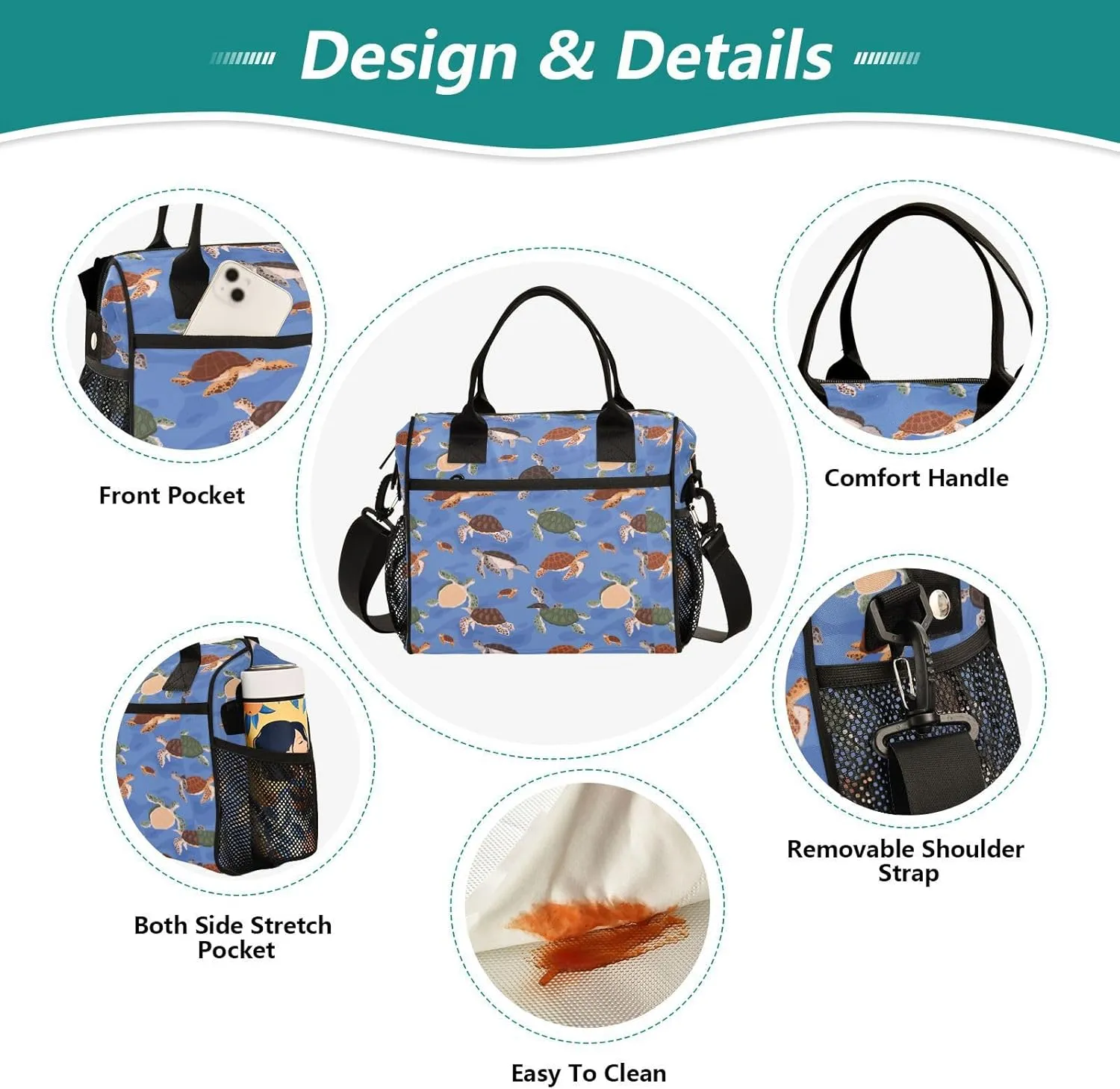 Vdsrup Oceanic Turtle Lunch Bag for Men Women Lunch Box Tote for Work, Lunchbox Cooler for Kids with Shoulder Strap & Side Pocket for Picnic Hiking Outdoor M