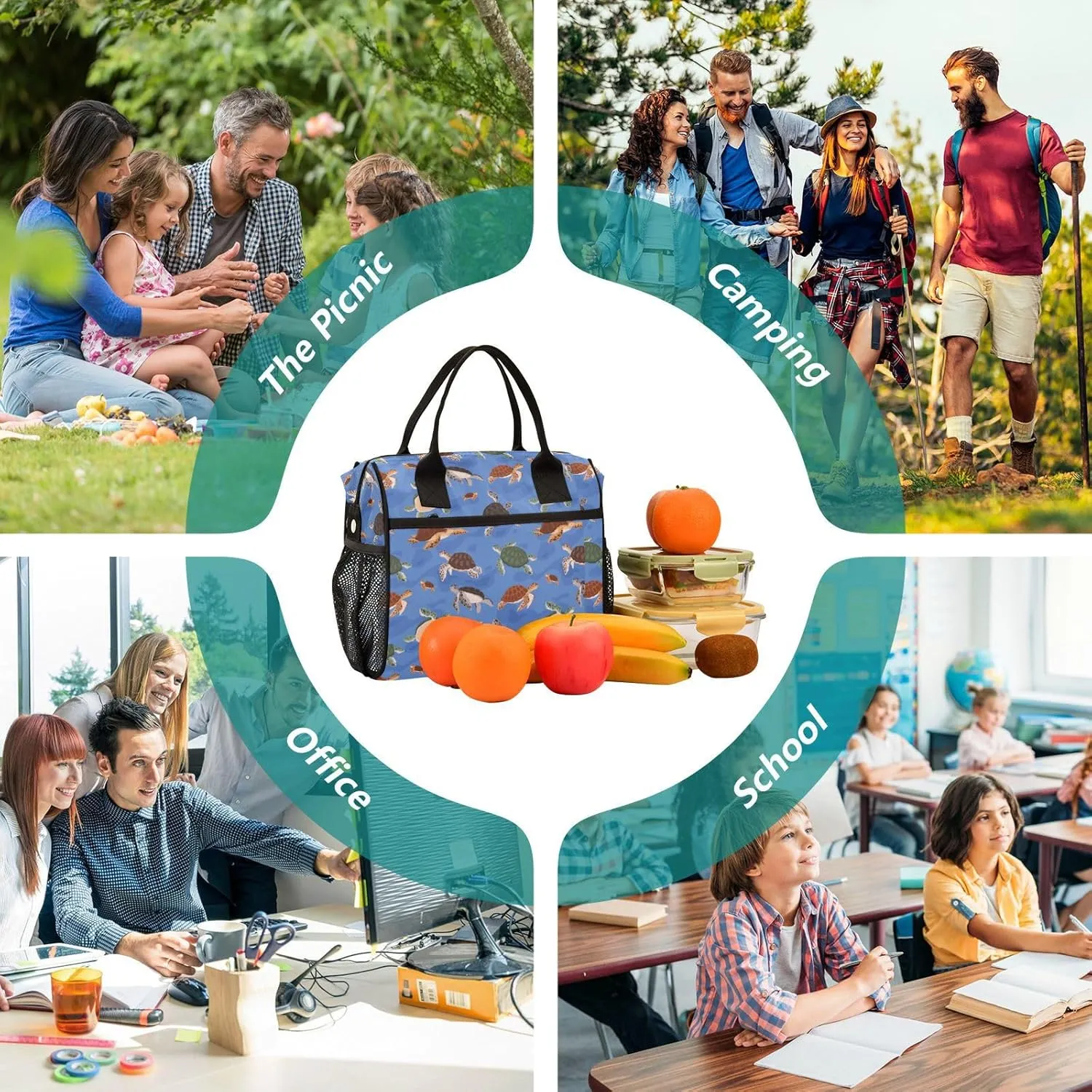 Vdsrup Oceanic Turtle Lunch Bag for Men Women Lunch Box Tote for Work, Lunchbox Cooler for Kids with Shoulder Strap & Side Pocket for Picnic Hiking Outdoor M