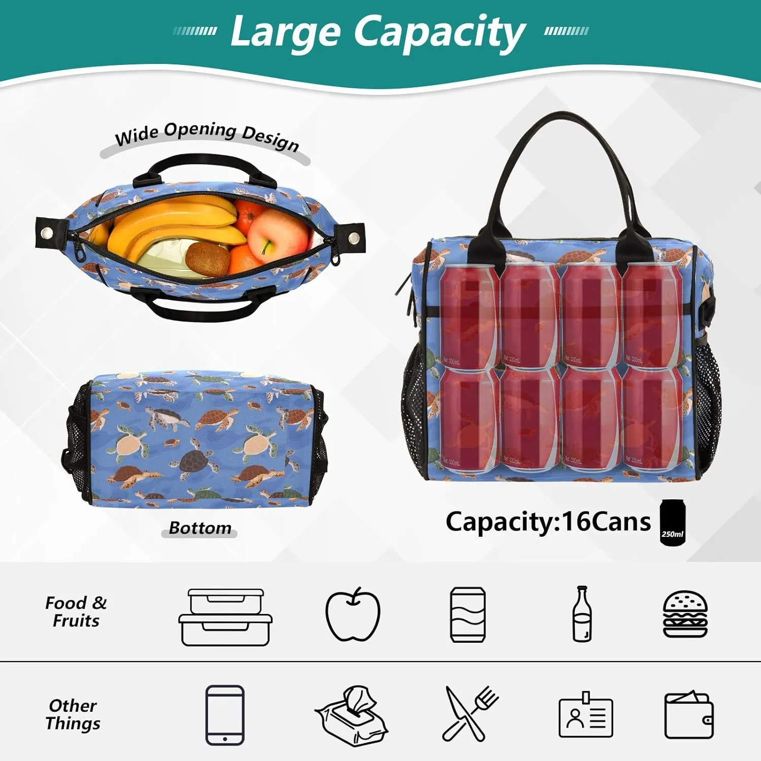 Vdsrup Oceanic Turtle Lunch Bag for Men Women Lunch Box Tote for Work, Lunchbox Cooler for Kids with Shoulder Strap & Side Pocket for Picnic Hiking Outdoor M