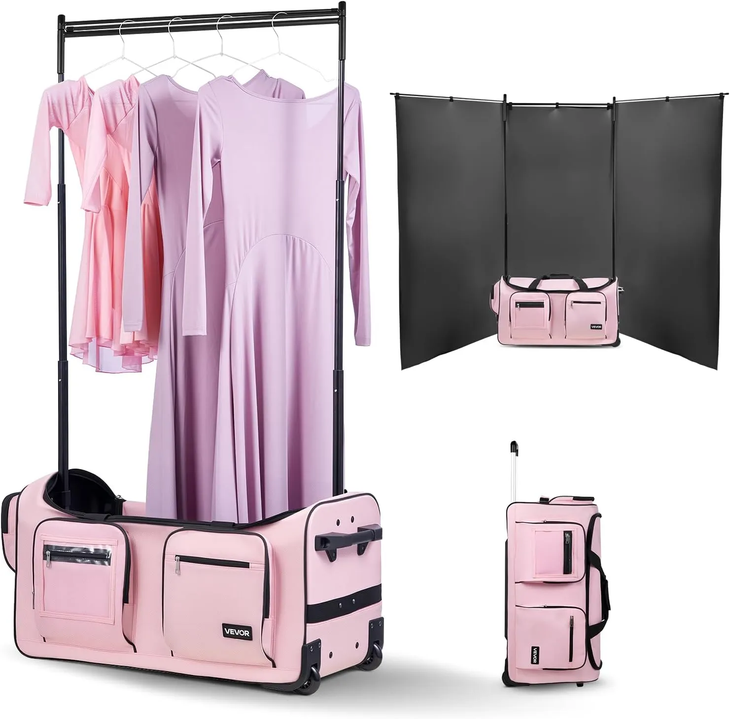 VEVOR Dance Bag with Garment Rack, 29 Inch Rolling Dance Duffel, with Wheels, USB Port, Height Adjustable Clothes Rack, Privacy Protection Curtain, Ideal for Travel and Competitions, Matte Pink