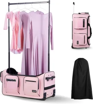 VEVOR Dance Bag with Garment Rack, 29 Inch Rolling Dance Duffel, with Wheels, USB Port, Height Adjustable Clothes Rack, Privacy Protection Curtain, Ideal for Travel and Competitions, Matte Pink