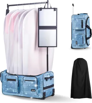 VEVOR Dance Bag with Garment Rack, 29 Inch Rolling Dance Duffel, with Wheels, USB Port, Height Adjustable Clothes Rack, Privacy Protection Curtain, Ideal for Travel and Competitions, Sparkling Blue