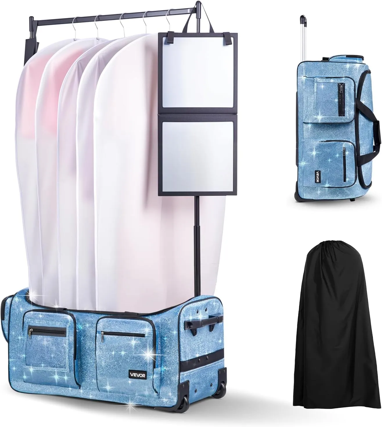 VEVOR Dance Bag with Garment Rack, 29 Inch Rolling Dance Duffel, with Wheels, USB Port, Height Adjustable Clothes Rack, Privacy Protection Curtain, Ideal for Travel and Competitions, Sparkling Blue
