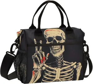 Victory Pose Skull Lunch Bag Reusable Insulated Lunch Box Cooler Tote Removable Shoulder Strap Meal Picnic Bags for Outdoor Travel Office Work Small